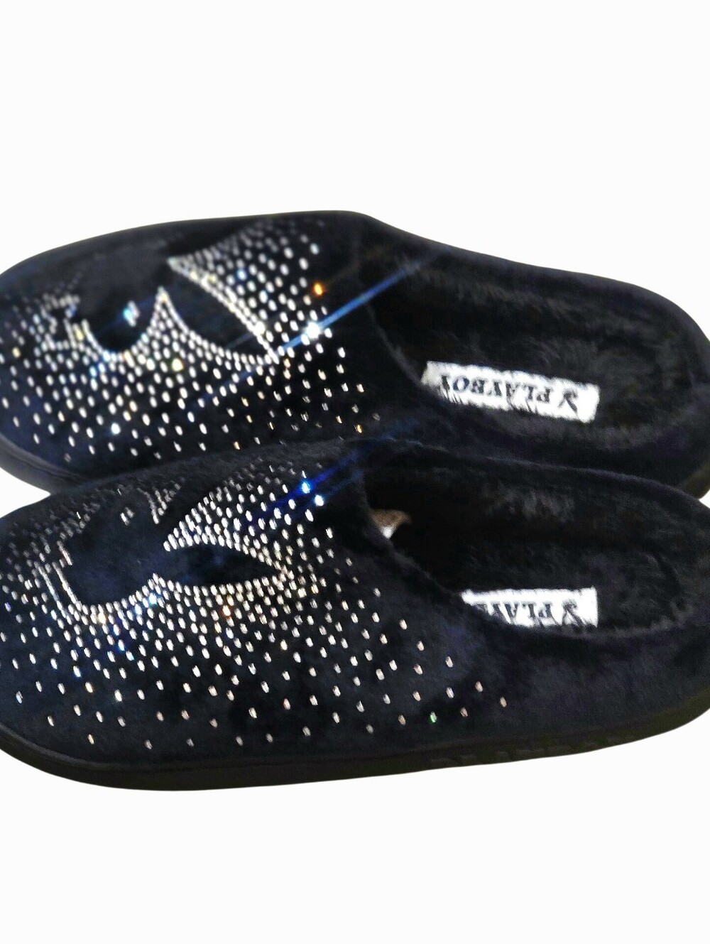 Playboy Rhinestone Crystal Bunny Logo Velour Indoor/Outdoor Memory Foam Slippers